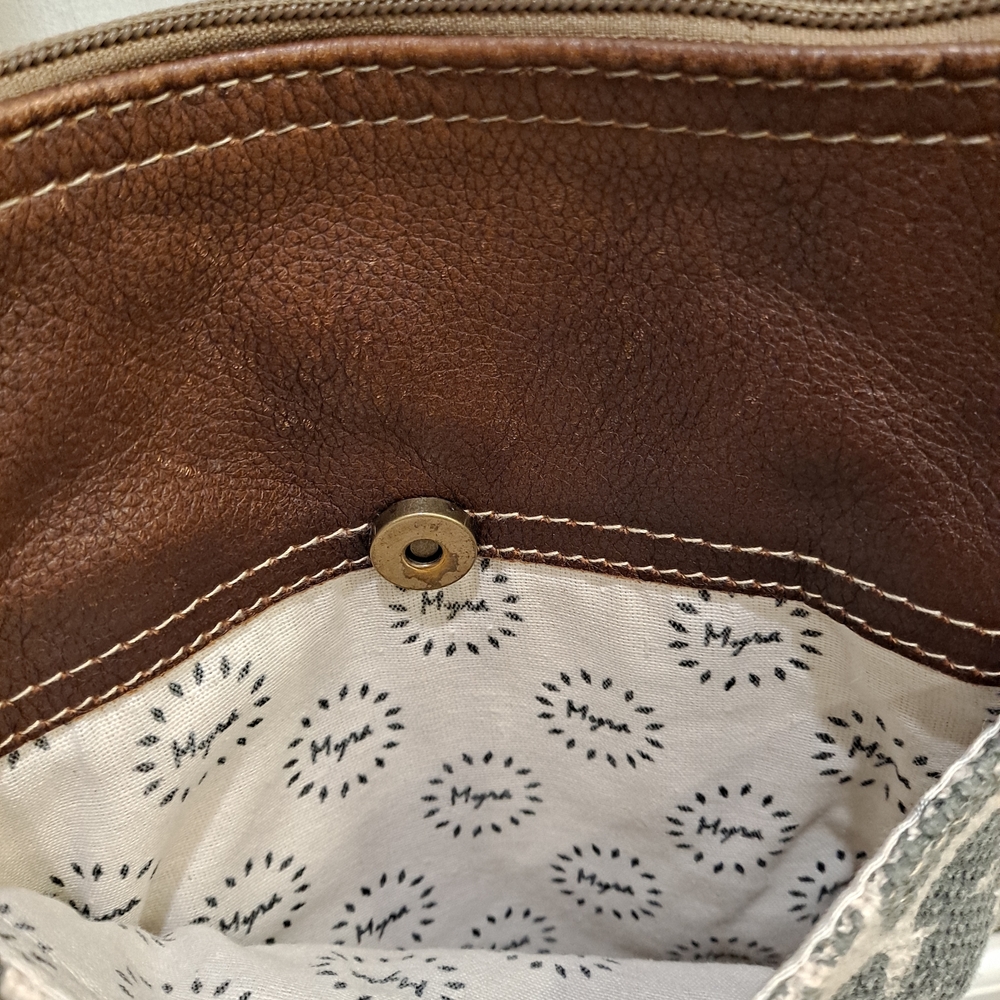 Myra Bag Brown Leather and Gray Blue Camo Canvas With Star Cowhide Crossbody - Picture 3 of 8